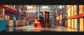 A forklift is in a large warehouse with many boxes by AI generated image Royalty Free Stock Photo