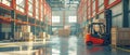 A forklift is in a large warehouse with many boxes by AI generated image Royalty Free Stock Photo