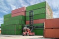 Forklift lifting container box loading to container depot use for cargo import, export, logistics background. Royalty Free Stock Photo