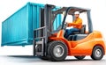 Forklift operator handling a large container on a bright white background Royalty Free Stock Photo
