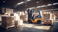A forklift lifts cargo onto racks in an industrial warehouse. Forklift for warehouse and industry Royalty Free Stock Photo