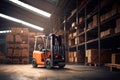 A forklift lifts cargo onto racks in an industrial warehouse. Forklift for warehouse and industry Royalty Free Stock Photo