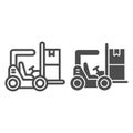 Forklift line and solid icon, delivery and logistics symbol, Lift truck vector sign on white background, box loader icon