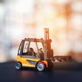 Forklift loader close up. Pallet stacker truck equipment at warehouse. Royalty Free Stock Photo