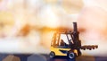 Forklift loader close up. Pallet stacker truck equipment at warehouse. Royalty Free Stock Photo