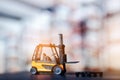 Forklift loader close up. Pallet stacker truck equipment at warehouse. Royalty Free Stock Photo