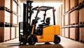 Forklift loader. Pallet stacker truck equipment at warehouse