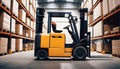 Forklift loader. Pallet stacker truck equipment at warehouse