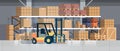 Forklift loader pallet stacker truck equipment warehouse interior background rack box international delivery concept Royalty Free Stock Photo