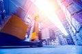 Forklift loader in storage warehouse ship yard. Distribution products. Delivery Royalty Free Stock Photo