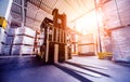 Forklift loader in storage warehouse ship yard. Distribution products. Delivery Royalty Free Stock Photo