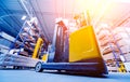 Forklift loader in storage warehouse ship yard. Distribution products. Royalty Free Stock Photo