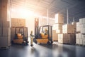 Forklift loader and workers in warehouse. Logistics and transportation concept. Generative AI