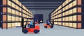 Forklift loader working warehouse interior parcel box on rack logistic delivery cargo service concept rows shelves goods Royalty Free Stock Photo