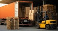 Forklift Loading Boxes onto a Container Truck in a Warehouse unloading shipping container Royalty Free Stock Photo