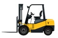 Forklift loading cargo pallet shipment at warehouse, freight industry warehouse logistics transport, side view of cargo loader