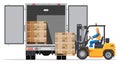 Forklift loading pallet boxes into lorry truck