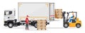 Forklift loading pallet boxes into lorry truck