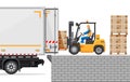 Forklift loading pallet boxes into lorry truck