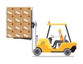 Forklift loading pallet boxes, side view. Electric uploader loading cardboard boxes in delivery vehicle. Logistic and