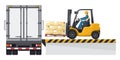 Forklift loading a pallet with boxes to a container truck at the loading and unloading dock. Forklift driving safety. Cargo and