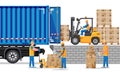 Forklift loading pallet boxes into lorry truck