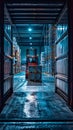 Forklift loading pallets in a warehouse at night Royalty Free Stock Photo