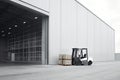 Forklift loads pallets and boxes into a huge hangar or warehouse. Generative AI.