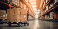 A forklift loads pallets and boxes onto racks in a huge hangar or warehouse. Generative AI Royalty Free Stock Photo
