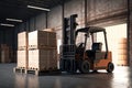 Forklift loads pallets and boxes in warehouse Royalty Free Stock Photo