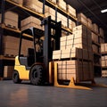 Forklift loads pallets and boxes in a warehouse