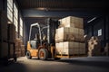 Forklift loads pallets and boxes in warehouse Royalty Free Stock Photo