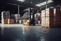 Forklift loads pallets and boxes in warehouse Generative AI Royalty Free Stock Photo