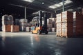 Forklift loads pallets and boxes in warehouse Generative AI