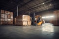 Forklift loads pallets and boxes in warehouse Generative AI