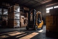 Forklift loads pallets and boxes in warehouse Generative AI Royalty Free Stock Photo