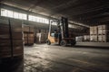 Forklift loads pallets and boxes in warehouse Generative AI Royalty Free Stock Photo