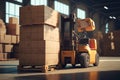 Forklift loads pallets and boxes in warehouse. Generative AI illustration