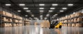 The forklift maneuvering through a spacious, well-organized warehouse with stacked boxes. AI generated image Royalty Free Stock Photo