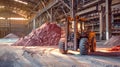 A forklift maneuvers through a factory filled with red dirt, transporting materials for the mining and processing of potash