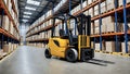 Forklift in modern warehouse setting with pallet racking in distribution centre Royalty Free Stock Photo