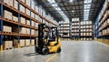Forklift in modern warehouse setting with pallet racking in distribution centre Royalty Free Stock Photo