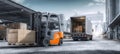 The forklift moving boxes in a busy warehouse environment with a delivery truck. AI generated image Royalty Free Stock Photo