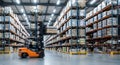 Forklift moving inventory in a massive modern warehouse Royalty Free Stock Photo