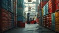 A forklift moving through a large container yard. Suitable for logistics and transportation concepts Royalty Free Stock Photo