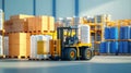 Forklift moving large packages in a busy warehouse environment Royalty Free Stock Photo