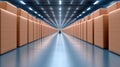 A forklift navigates a vast warehouse aisle lined with towering stacks of boxes, AI Royalty Free Stock Photo