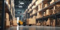 The forklift navigating through a bustling warehouse filled with stacked boxes. AI generated image Royalty Free Stock Photo