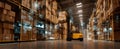 The forklift navigating a high-tech warehouse with digital overlays and data insights..AI generated image Royalty Free Stock Photo