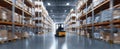 The forklift navigating through a modern warehouse filled with inventory and storage. AI generated image Royalty Free Stock Photo
